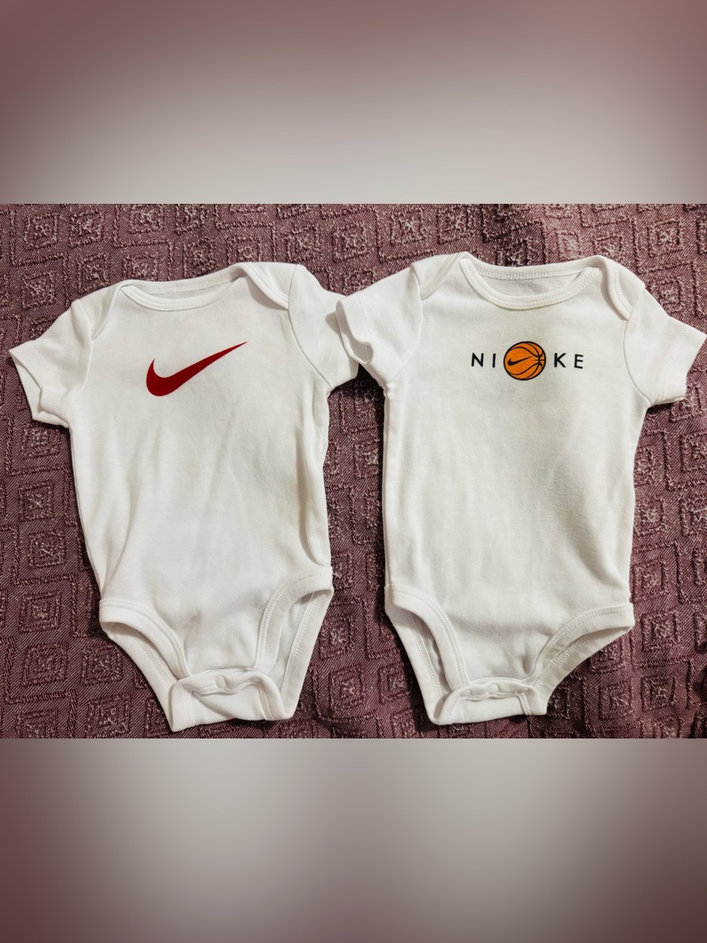 Nike Baby White Onesies (2) with Black Swoosh Basketball Logo Size 6 Mths